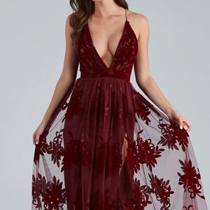 Formal Flocked Velvet Dress. Floor length. Cross back. Burgundy.